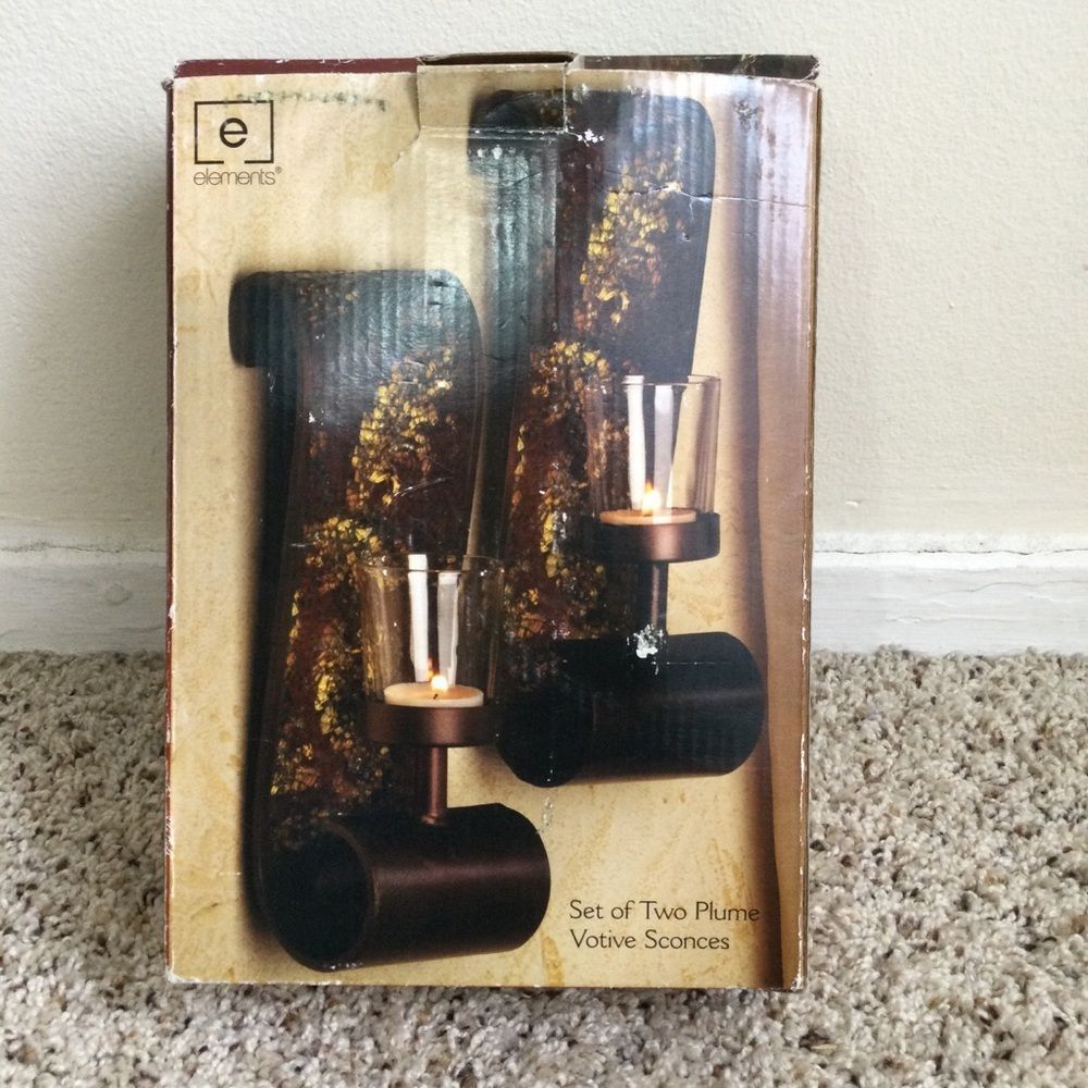 Elements Set of 2 Plumes Votives Scones Candle Holder Wall Art